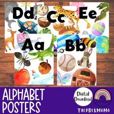 an alphabet poster with pictures of animals and letters