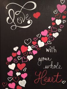 a chalkboard with hearts on it and the words love written in red, white, and pink