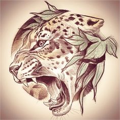 a drawing of a cheetah with its mouth open and leaves on it's head