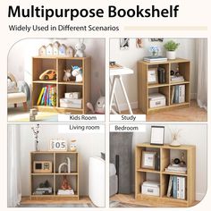 four different types of bookshelves with pictures on the top and bottom, including children's room