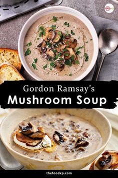 mushroom soup in a bowl with bread and spoons