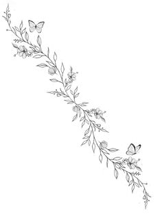 a black and white drawing of a branch with butterflies on it's leaves are shown in the bottom right corner