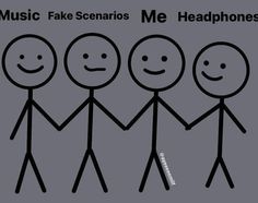 four stick figures holding hands with the words music fake sentos me headphones