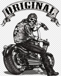 a drawing of a man riding on the back of a motorcycle with a banner over it