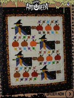 an image of a halloween quilt with pumpkins and witch hats on the front, along with words that read happy halloween