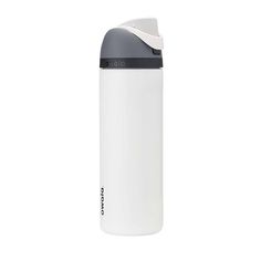 a white and gray water bottle with a black lid on a white background, thermos is in front of it