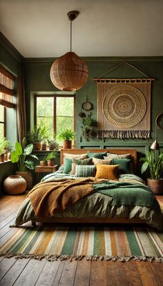 a bedroom with green walls, wooden floors and lots of potted plants on the wall