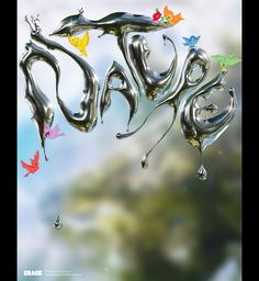 the word baby is made out of silver balloons with colorful birds flying around it and floating in the air