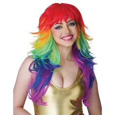 The Rainbow Tresses Wig is a dazzling masterpiece that celebrates the vibrant spectrum of colors in the most enchanting way. This long, layered wig boasts a mesmerizing array of rainbow hues, creating a kaleidoscopic symphony of color that is sure to captivate all who behold it. The cascading layers of the wig flow effortlessly, creating movement and dimension that enhance the rainbow palette, allowing each shade to shimmer and shine in its own unique brilliance. From radiant reds and sunny yell Mens Skeleton Costume, Long Layered Wig, Cascading Layers, White Cowboy Hat, Layered Wig, Angel Halo, Rainbow Wig, California Costumes, Rainbow Palette