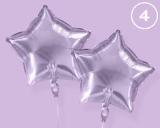 two silver star shaped balloons on a purple background with the number four in the middle