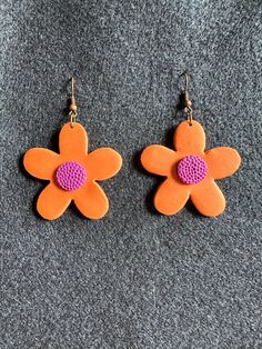 Daisy style flower earrings made from polymer clay Orange Flower Shaped Earrings For Summer, Orange Flower Earrings, Orange Flower-shaped Earrings For Summer, Bohemian Orange Flower-shaped Jewelry, Unique Orange Flower-shaped Jewelry, Fleur Orange, What To Make, Orange And Purple, Burnt Orange