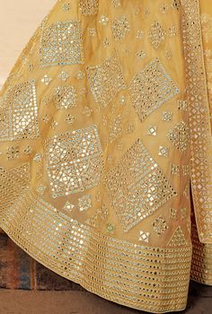 Pale Mustard Designer Heavy Embroidered Wedding & Bridal Lehenga-Saira's Boutique Blouse Organza, Mustard Fabric, Holiday Promotions, Embroidered Wedding, Organza Dupatta, Thread Embroidery, Lace Border, Mirror Work, Silk Thread