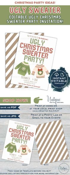 christmas party flyer with an ugly sweater on the front and bottom, along with other items