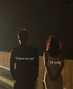 two people standing next to each other on a sidewalk at night with the caption i have no car