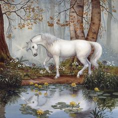 a painting of a white horse in the woods by a pond with water lilies