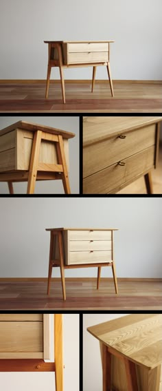 four different views of a wooden table with drawers