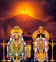 an image of two deities sitting in front of a mountain with the sun behind them