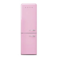 a pink refrigerator freezer sitting on top of a white wall