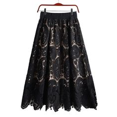 Cap Point Skirts black / One Size Elegant Vintage Midi Hollow Out Lace Skirt Black Lace Summer Skirt, Black Lace Skirt For Summer, Black Lace Skirt For Spring, Spring Black Lace Skirt, Black Lace Lined Skirt, Black Lace Full Skirt, Floral Lace Skirt, Nightclub Dress, Summer Tank Dress