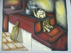 a painting of a tea pot on a table next to a cutting board and knife