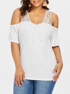 Open Shoulder Plus Size Lace Insert Top - White - 3079706016 - Women's Clothing, Plus Size Women's Clothing  #PlusSizeWomensClothing #Women's #Clothing # #Plus #Size #Women's #Clothing Costumes Ideas Women, Plus Size Blouses For Women, Lace Panel Top, Lace Insert Top, Cheap Blouses, Plus Size Lace, Blouse Sale, Tees Pattern, Lace Outfit