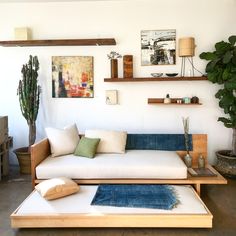 a living room filled with furniture and a potted plant on top of a table