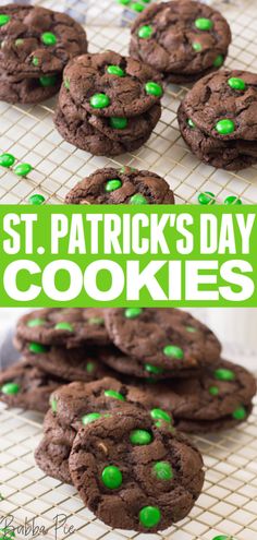 chocolate cookies with green sprinkles are on a cooling rack and the words st patrick's day cookies