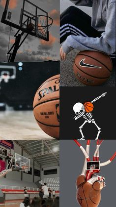 four different pictures with basketballs in the air