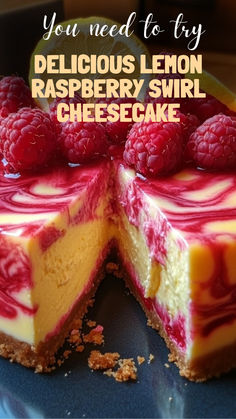 a cheesecake with raspberry swirl on top