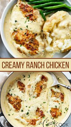 creamy ranch chicken is served in a white bowl with green beans and mashed potatoes