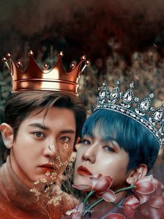 two people with crowns on their heads and one is holding flowers in front of the other