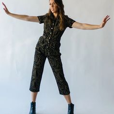 Collared Romper With Buttons Down The Front. Straight Legged And Cropped. Black Button-up Jumpsuits And Rompers, Black Fitted Button-up Jumpsuits And Rompers, Button Up Romper, Piper And Scoot, Minimal Prints, Detailed Sweater, Cable Knit Cardigan, Puffed Sleeves Dress, Drawstring Shorts