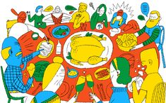 an image of a group of people sitting around a dinner table with food on it