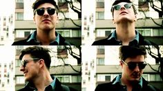 multiple shots of a man wearing sunglasses in front of a building