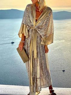 Vacation Striped Split-Joint Belted Long Sleeves V-Neck Cover-Ups Swimwear &Maxi Dress Kimono Maxi Dress, Dresses Ladies, Sequin Cardigan, Party Kleidung, Long Romper, Elegant Blouses, Romper Dress, Loose Dress