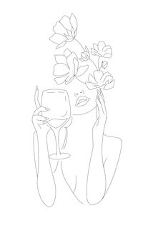 a line drawing of a woman holding a wine glass with flowers in her hair on top of her head