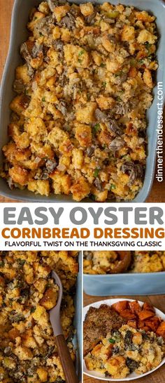 easy oyster cornbread dressing recipe in a blue casserole dish