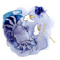 a watercolor drawing of a blue crab on a white background with gold and black accents