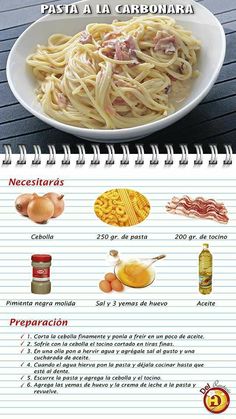 a recipe book with pictures of pasta and ingredients in spanish on the page, next to it