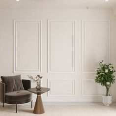 a living room with white walls and furniture