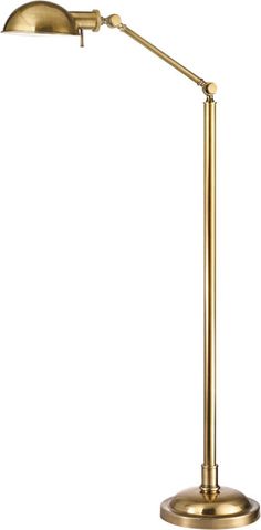 a brass colored floor lamp with an adjustable arm and dimmer, on a white background