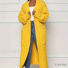 Lasaky - Premium Womens Open-Front Knit Cardigan with Long Sleeves and Long Length for Casual Wear Women Long Cardigan, Pocket Sweater, Yellow Cardigan, Gilet Long, Longline Cardigan, Winter Gear, Winter Cardigan, Mode Casual, Cardigan Outfits