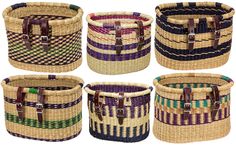 six woven baskets with leather handles on each side and different colors in the same pattern