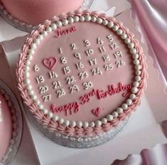 a birthday cake with pink frosting and decorations