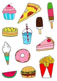 an image of different foods and drinks on a white background