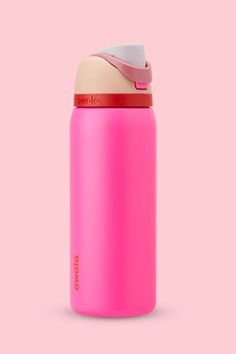 a pink insulated water bottle on a pink background