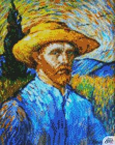 a painting of a man wearing a straw hat and blue shirt with trees in the background