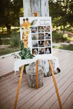 a giraffe is standing next to a wooden easel with pictures on it