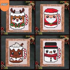 four cross stitch christmas mugs with santa claus