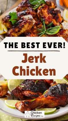 the best ever jerk chicken with lemons and parsley on it, in front of